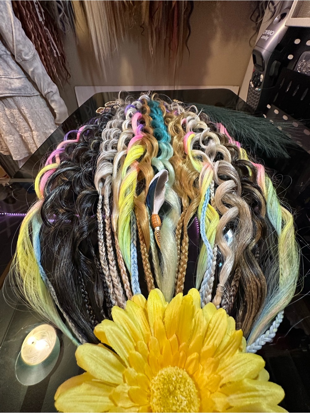 Colorful Braided Hair Extensions with Feather Accent - Picture 12 of 13
